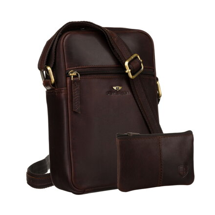 Skórzana listonoszka męska w brązowym kolorze, zamykana na złoty suwak w zestawie z saszetką - Peterson