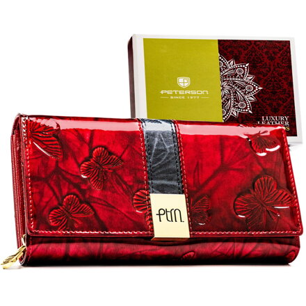 Duży portfel damski ze skóry naturalnej w czerwonym kolorze z ozdobnym tłoczeniem - Peterson