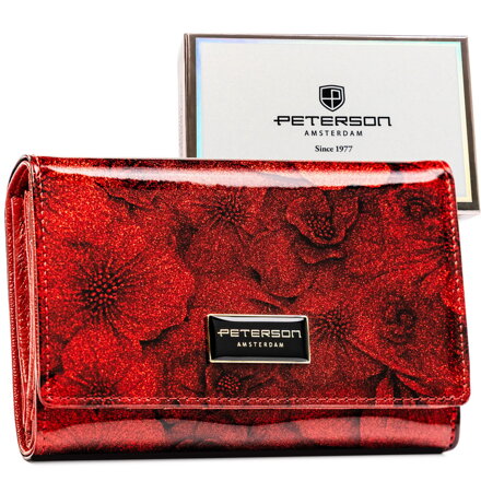 Červená, lakovaná kožená dámska peňaženka s kvetmi - Peterson, na patentný cvok - Peterson