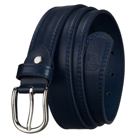 Pasek damski ze skóry ekologicznej w granatowym kolorze z klasyczną, srebrną klamrą - Peterson