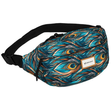 Dámska crossbody ľadvinka z polyesteru s motívom pávích pier s nastaviteľným popruhom so sponou fastex