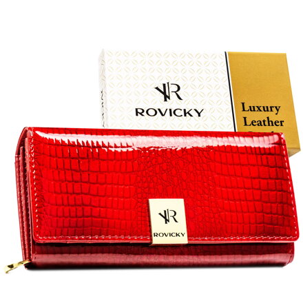 Duży, lakierowany portfel damski ze skóry naturalnej w czerwonym kolorze zamykany na zatrzask - Rovicky Duży, lakierowany portfel damski ze skóry naturalnej w czerwonym kolorze zamykany na zatrzask - Rovicky