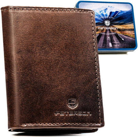 Pionowy portfel męski ze skóry naturalnej w brązowym kolorze, model bez zapięcia zewnętrznego - Peterson