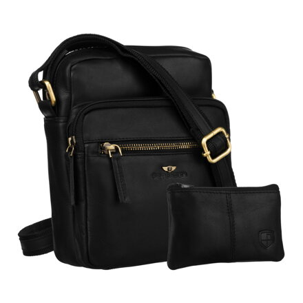 Skórzana torebka męska w czarnym kolorze zawieszona na pasku. W zestawie saszetka na klucze - Peterson