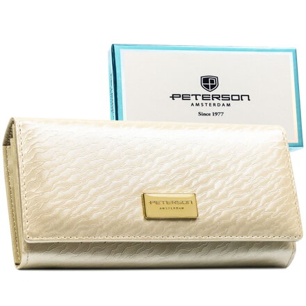 Portfel damski w kolorze ecru zamykany na zatrzask, w środku kieszonka na suwak - Peterson