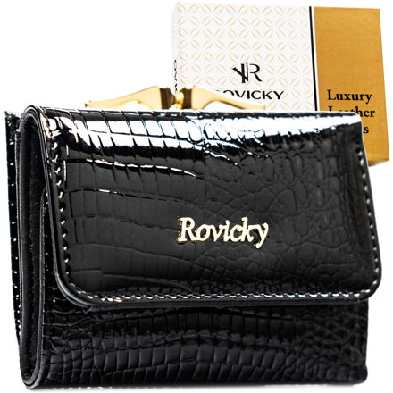 Mały, czarny portfel damski ze skóry naturalnej z systemem RFID - Rovicky Mały, czarny portfel damski ze skóry naturalnej z systemem RFID - Rovicky