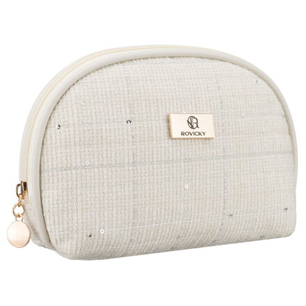 Beżowa kosmetyczka damska wykonana z materiału syntetycznego z ozdobnymi cekinami - Rovicky