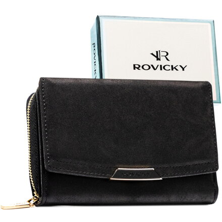 Średni portfel damski ze skóry ekologicznej w czarnym kolorze, model mieszczący dowód rejestracyjny - Rovicky