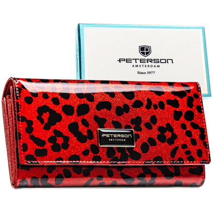 Czerwony, duzy portfel damski ze skóry ekologicznej i naturalnej w cętki, zamykany zatrzaskiem - Peterson