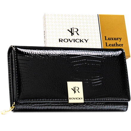 Duży, czarny, lakierowany portfel damski ze skóry naturalnej zamykany na zatrzask - Rovicky Duży, czarny, lakierowany portfel damski ze skóry naturalnej zamykany na zatrzask - Rovicky