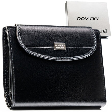 Mały, skórzany portfel damski w czarnym kolorze zamykany zatrzaskiem - Rovicky