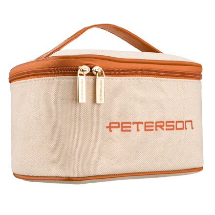 Beżowo-brązowa kosmetyczka z tkaniny syntetycznej wyposażona w uchwyt, zamykana suwakiem - Peterson