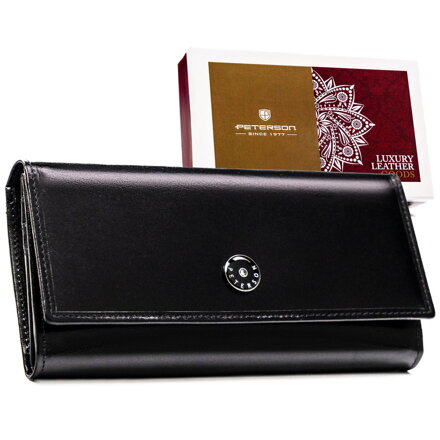 Duży, skórzany portfel damski w czarnym kolorze zamykany klapką na zatrzask - Peterson