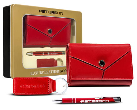 Zestaw prezentowy: średni, skórzany portfel damski, brelok i długopis — Peterson