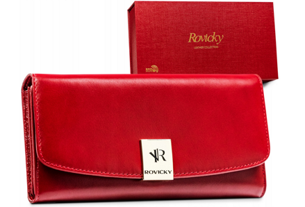 Duży, skórzany portfel damski na zatrzask z systemem RFID — Rovicky