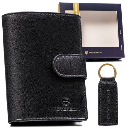Darčeková súprava: vertikálna pánska kožená peňaženka a kľúčenka — Peterson