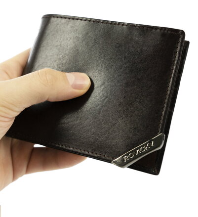 Horizontálna pánska peňaženka so strieborným akcentom, prírodná zrnitá koža — Rovicky