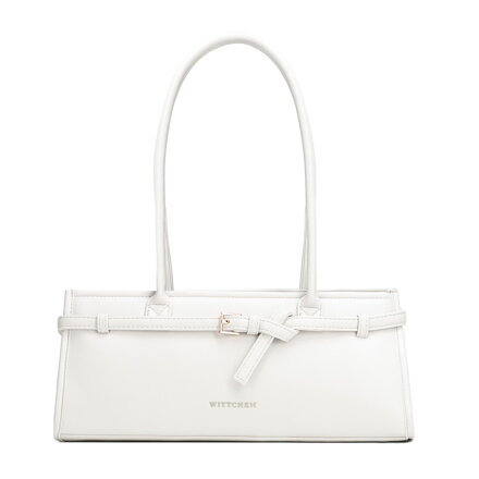 Torebka damska typu bagietka z ekoskóry z dekoracyjnym paskiem złamana biel 102-4Y-414-0