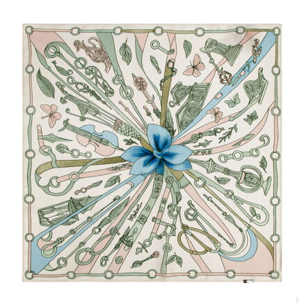 Damska apaszka z jedwabiu z dekoracyjnym motywem beżowo - niebieska 103-7D-S01-X10