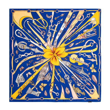 Damska apaszka z jedwabiu z dekoracyjnym motywem granatowo - żółta 103-7D-S01-X12