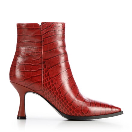 Botki ze skóry croco na szpilce bordowe 95-D-506-3