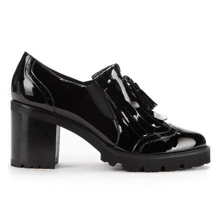 Damskie półbuty ze skóry lakierowanej z gumkami czarne 93-D-101-1