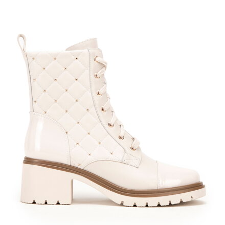 Damskie trapery skórzane z pikowaną cholewką kremowe 99-D-507-0