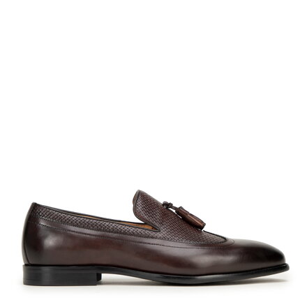 Męskie mokasyny skórzane z plecionką i chwostem brązowe 99-M-300-4