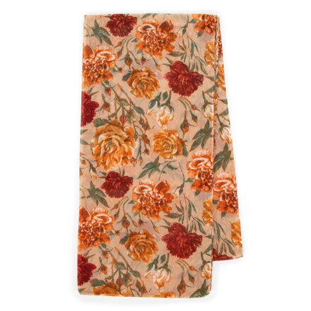 Cienki szal damski w kwiaty beżowo - pomarańczowy 100-7D-00X-X