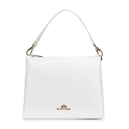 Damska crossbody trójkomorowa ze skóry groszkowej biała 100-4E-809-0