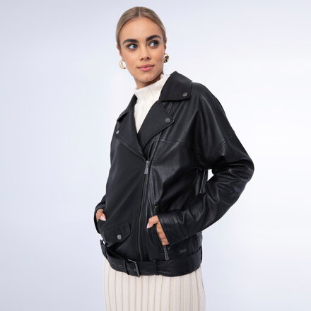 Damska kurtka biker skórzana oversize czarna 97-09-201-1