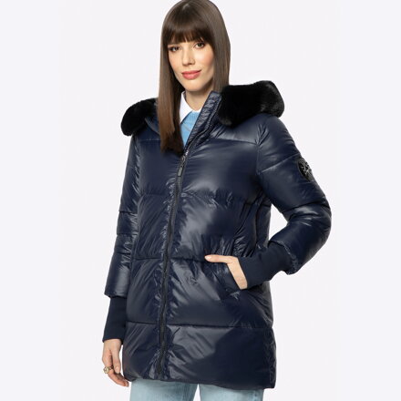 Damska kurtka pikowana z nylonu z kapturem granatowa 97-9D-404-N