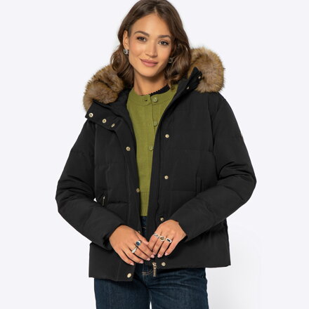 Damska kurtka puchowa z futerkowym kapturem czarna 99-9D-200-1