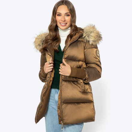 Damska kurtka z futrzanym kapturem złota 99-9D-400-G