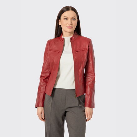 Damska kurtka skórzana z wieloma kieszeniami czerwona 100-09-801-3