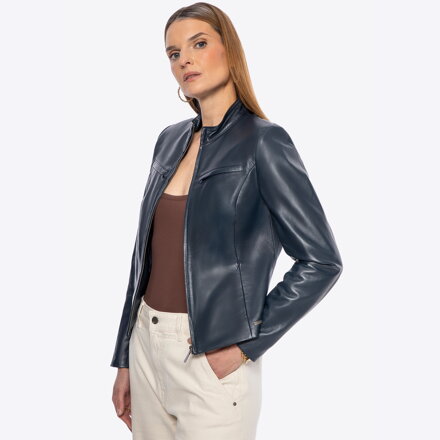 Damska kurtka skórzana z wieloma kieszeniami granatowa 100-09-801-N