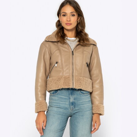 Damska kurtka z futerkiem krótka beżowa 99-9P-116-9