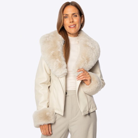 Damska kurtka z ekoskóry z futerkowym kołnierzem i mankietami kremowa 101-9P-100-0