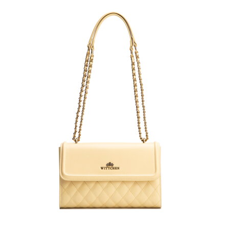 Dámska kabelka cez rameno z pravej kože so žltým prešívaním 100-4E-205-Y