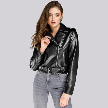 Damska ramoneska o fasonie cropped czarno-srebrna 94-9P-105-1S