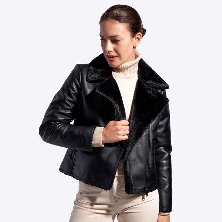 Damska ramoneska z ekoskóry ze sztucznym futerkiem czarna 101-9P-103-1