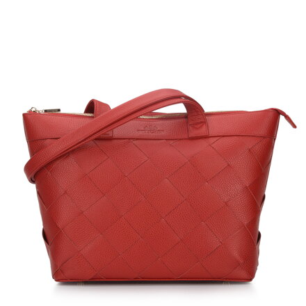 Damska shopperka skórzana trapezowa z plecionką czerwona 94-4E-902-P