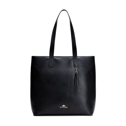 Dámska kožená shopper kabelka vertikálna čierna so zlatým logom 100-4E-622-1G