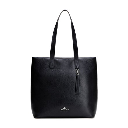 Dámska kožená shopper kabelka vertikálna čierna so strieborným logom 100-4E-622-1S