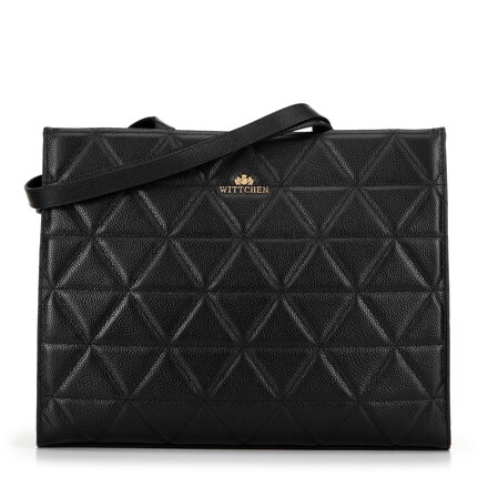 Dámska kožená shopper kabelka s geometrickým prešívaním čierna a zlatá 100-4E-613-1G