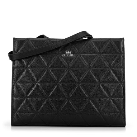 Dámska kožená shopper kabelka s geometrickým prešívaním čierna a strieborná 100-4E-613-1S