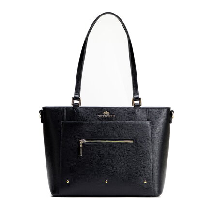 Dámska shopper kabelka z kože s vreckami čierna a zlatá 100-4E-607-1G