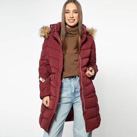 Damski płaszcz pikowany z paskiem ciemny czerwony 97-9D-900-3