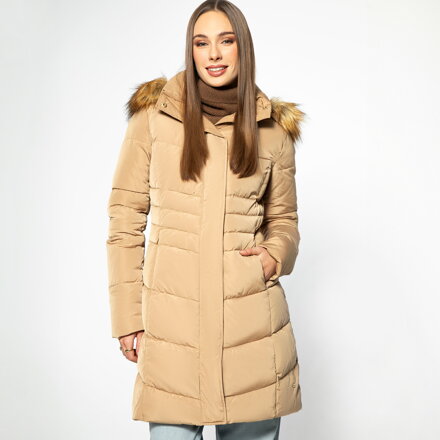 Damska kurtka puchowa pikowana z kapturem złota 95-9D-405-G