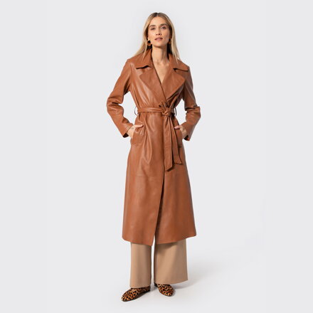 Damski płaszcz skórzany z paskiem jasny brąz 100-09-811-5